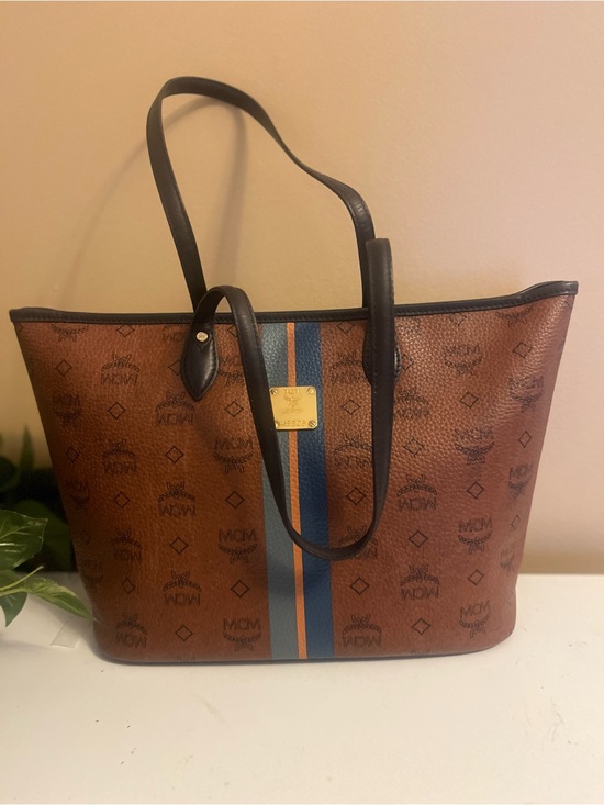 MCM Handbags - MCM Cognac Visetos Tote with Blue and Orange Stripe